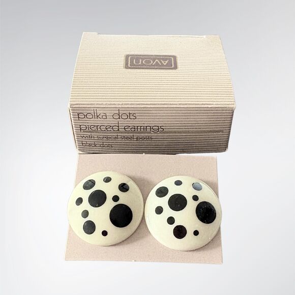 Vintage Avon 1987 Black "Polka Dots" Earrings with Cream Base | Retro | NIB - Picture 4 of 6